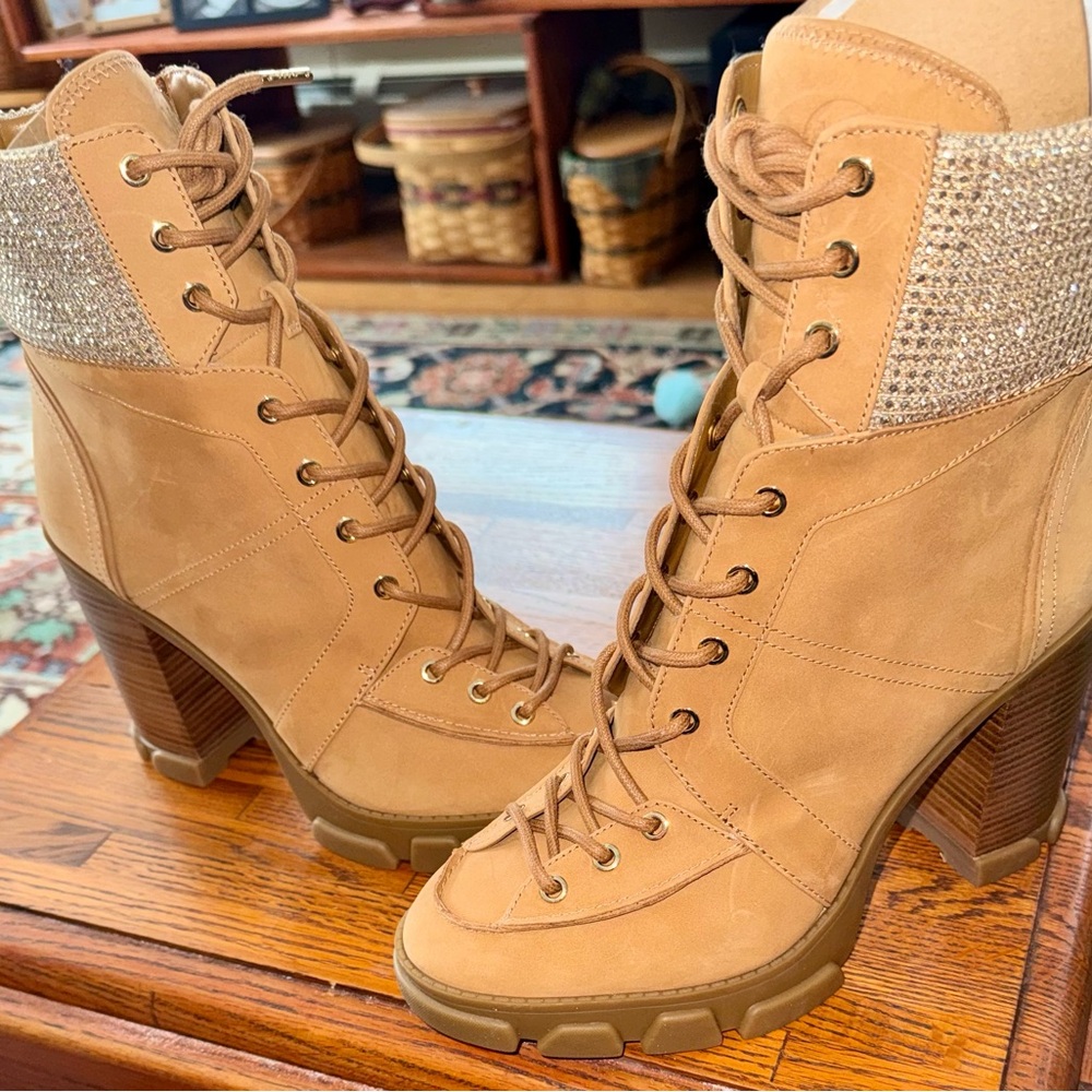 Michael Kors Camel Combat Boots with Glittering Gold Detail